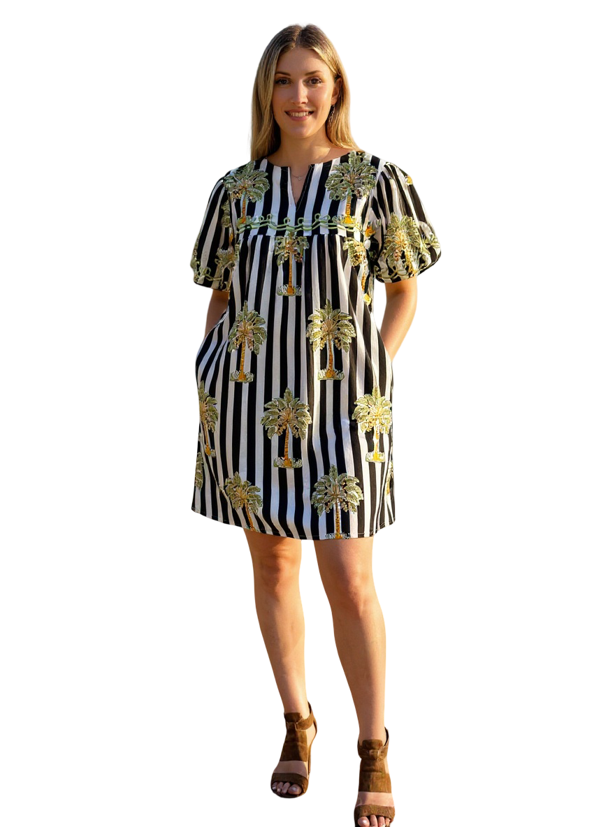 The Poppy Striped Palm Print Dress in Black and White