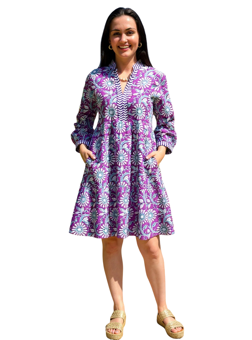 The Naomi Hand Block Printed Floral Dress in Purple White