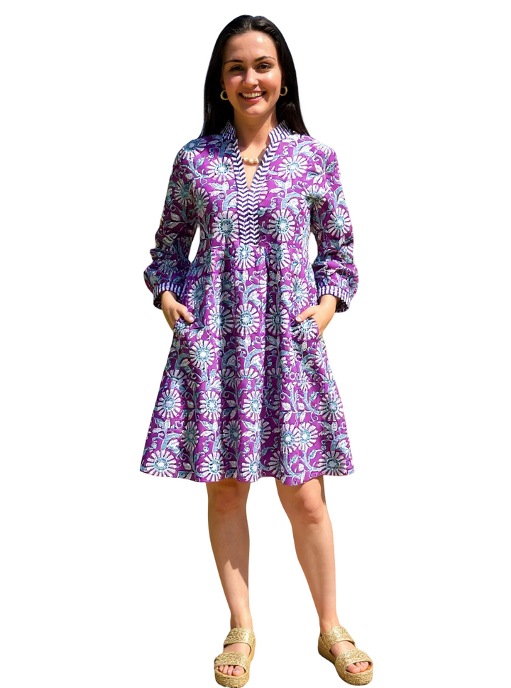 The Naomi Hand Block Printed Floral Dress in Purple White