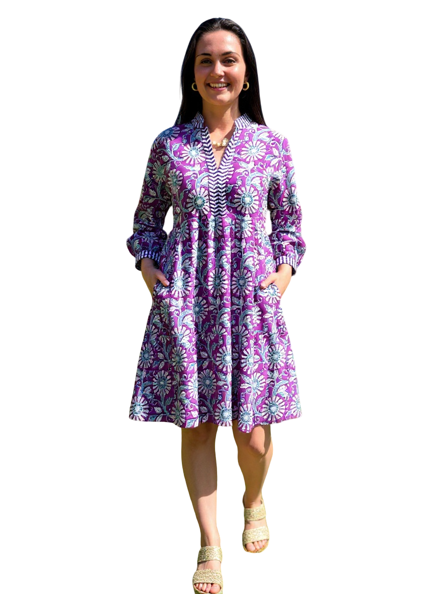 The Naomi Hand Block Printed Floral Dress in Purple White — view 2