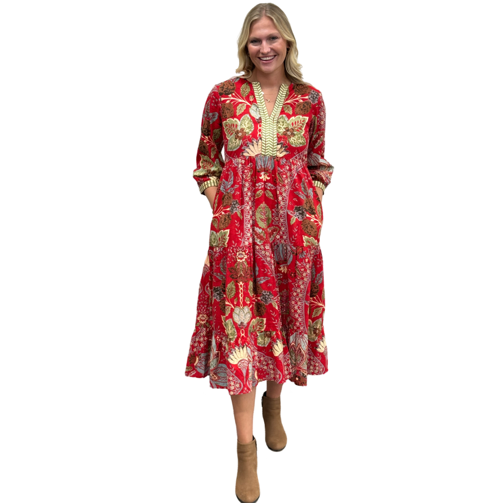 The Daniella Embroidered Midi Length Dress in Red Floral — view 2