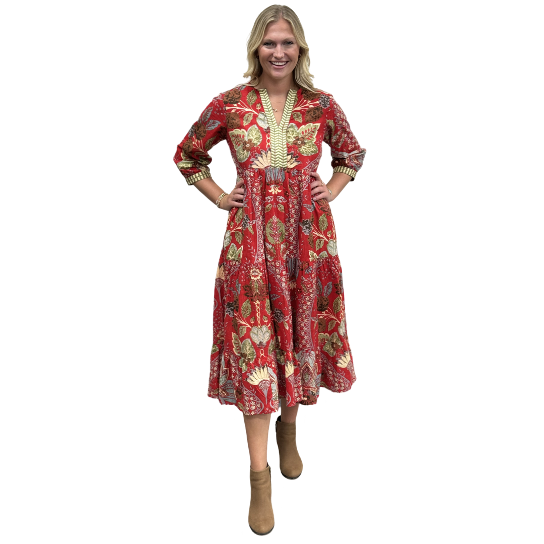 The Daniella Embroidered Midi Length Dress in Red Floral