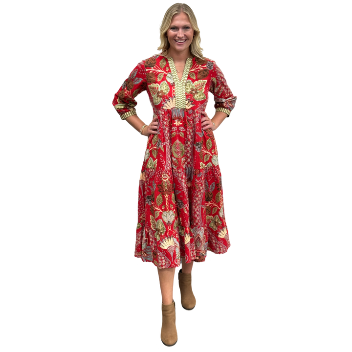 The Daniella Embroidered Midi Length Dress in Red Floral