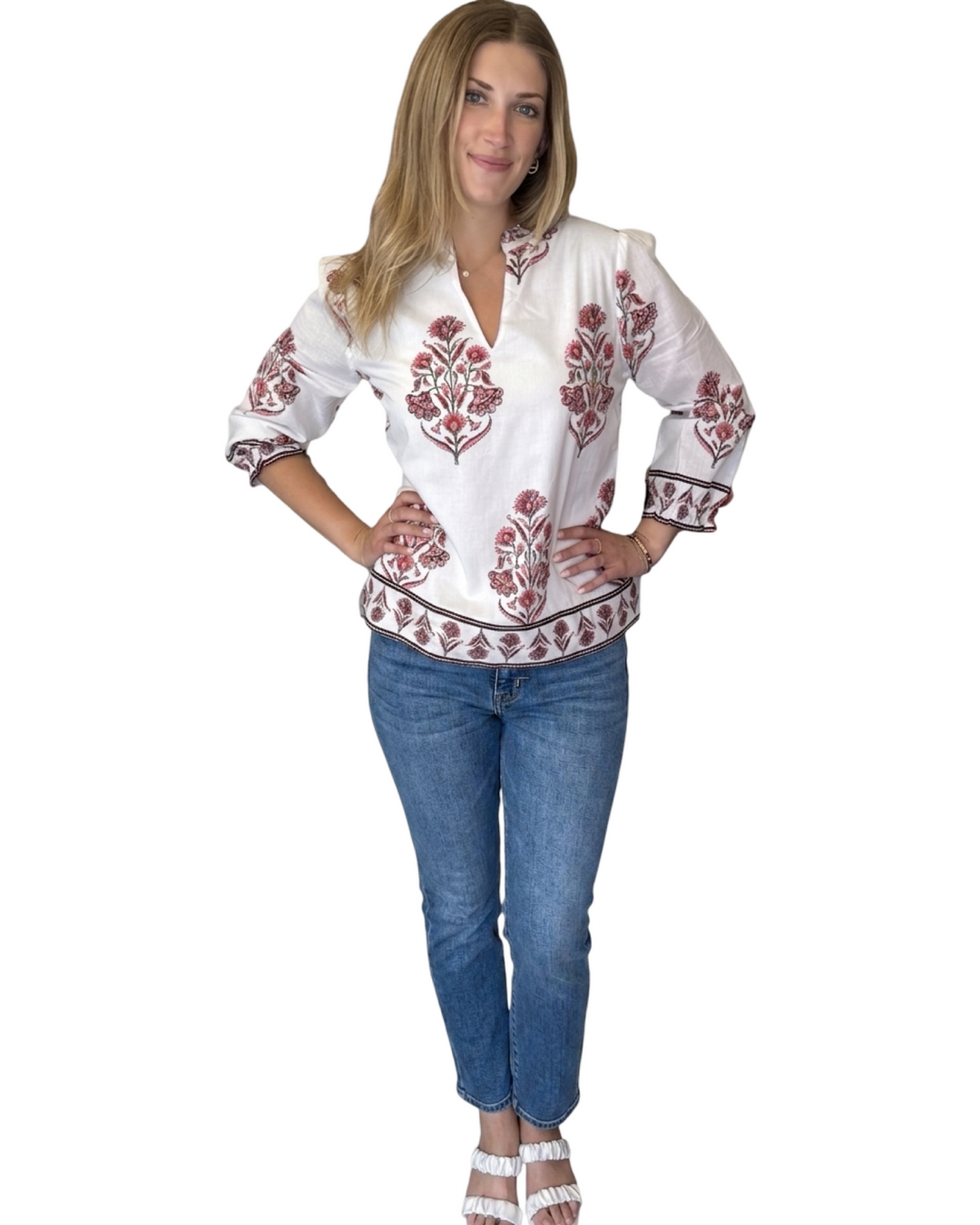 The Melody Cotton Block Print Top in Pink Floral Hand Block — view 3