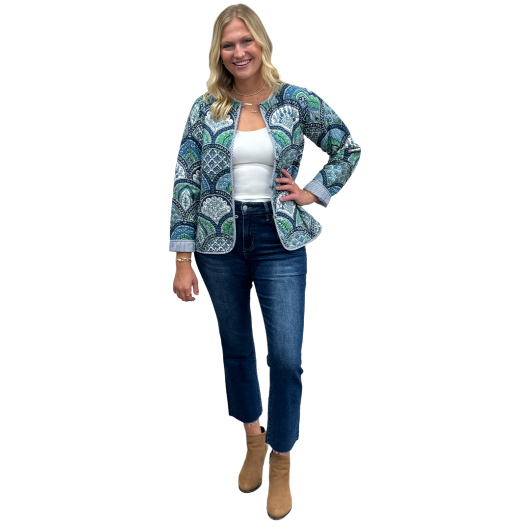 The Madeline Reversible Quilted Jacket in Multi Green Blue Cotton