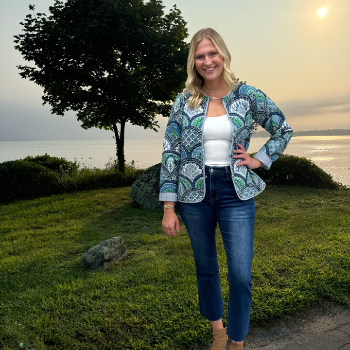 The Madeline Reversible Quilted Jacket in Multi Green Blue Cotton — view 8