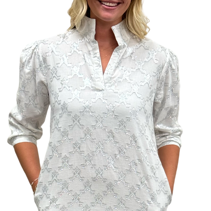 The Shipley Stand-Up Collar Dress in Metallic White and Silver — view 2
