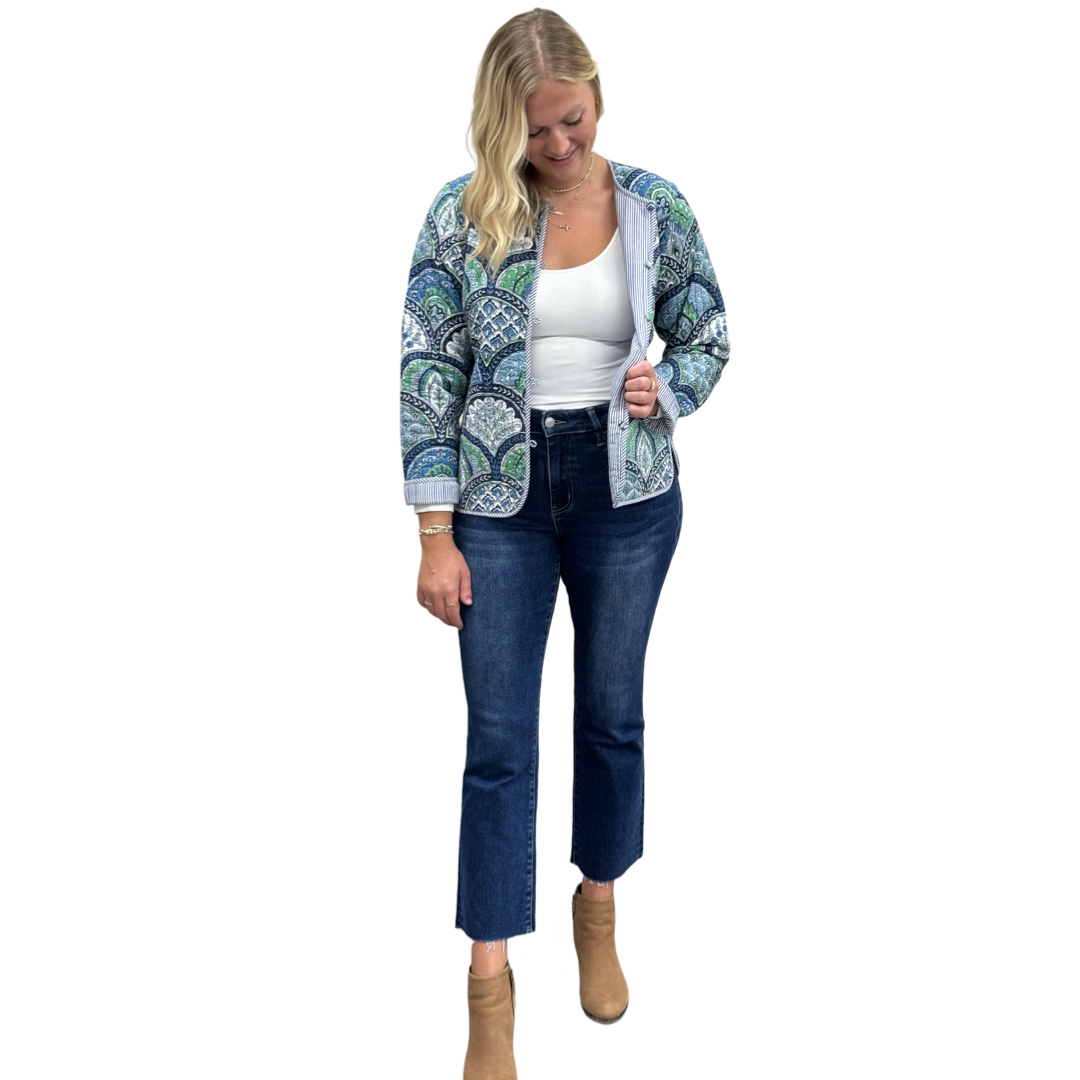 The Madeline Reversible Quilted Jacket in Multi Green Blue Cotton — view 2