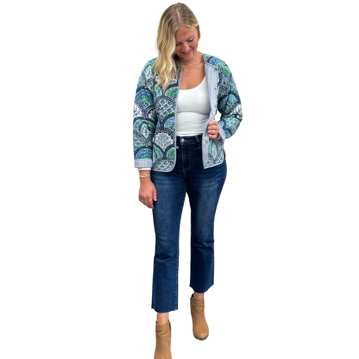 The Madeline Reversible Quilted Jacket in Multi Green Blue Cotton — view 2