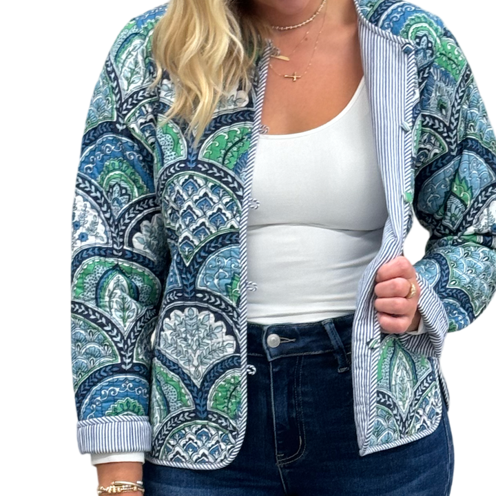The Madeline Reversible Quilted Jacket in Multi Green Blue Cotton — view 3
