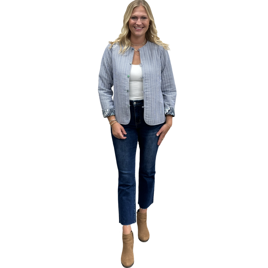 The Madeline Reversible Quilted Jacket in Multi Green Blue Cotton — view 4