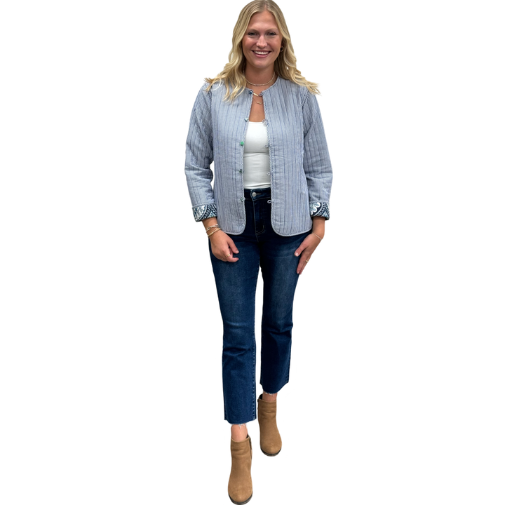 The Madeline Reversible Quilted Jacket in Multi Green Blue Cotton — view 4