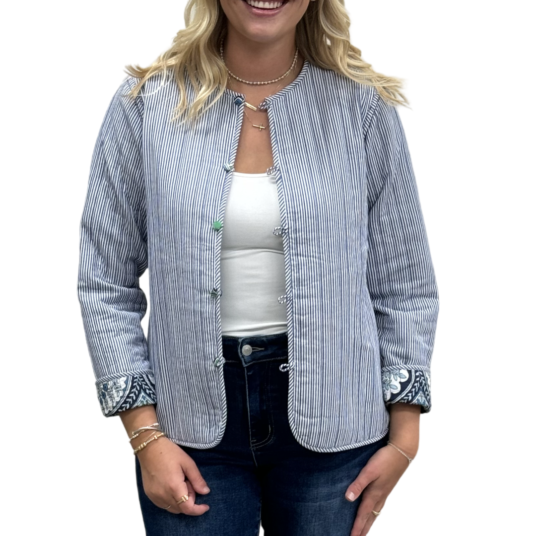 The Madeline Reversible Quilted Jacket in Multi Green Blue Cotton — view 5