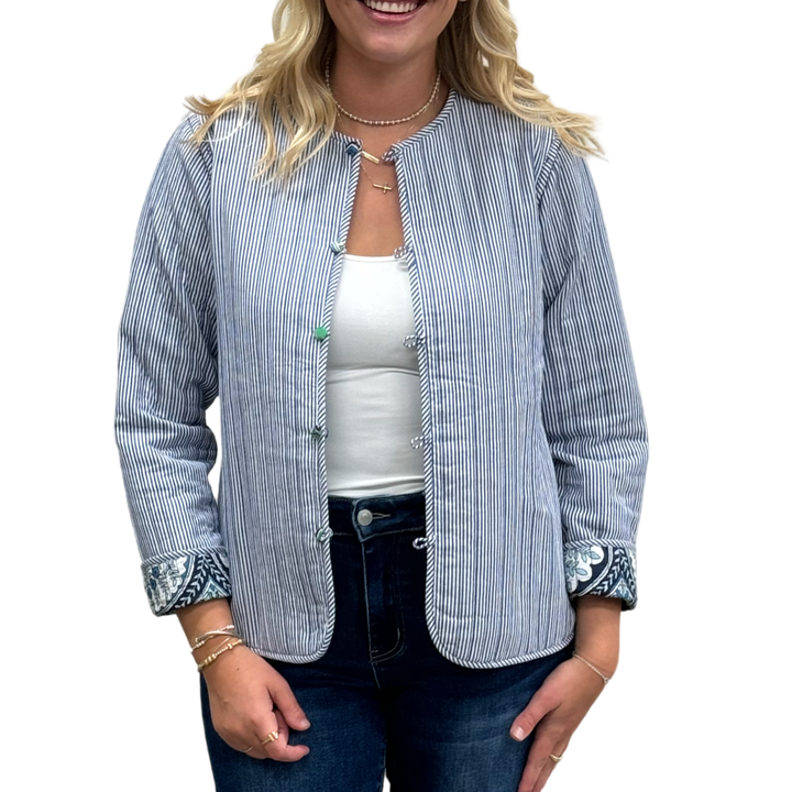 The Madeline Reversible Quilted Jacket in Multi Green Blue Cotton — view 5
