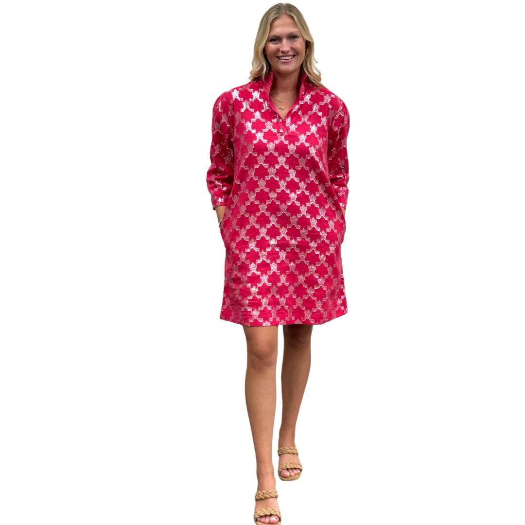 The Shipley Stand-Up Collar Dress in Hot Pink and Silver