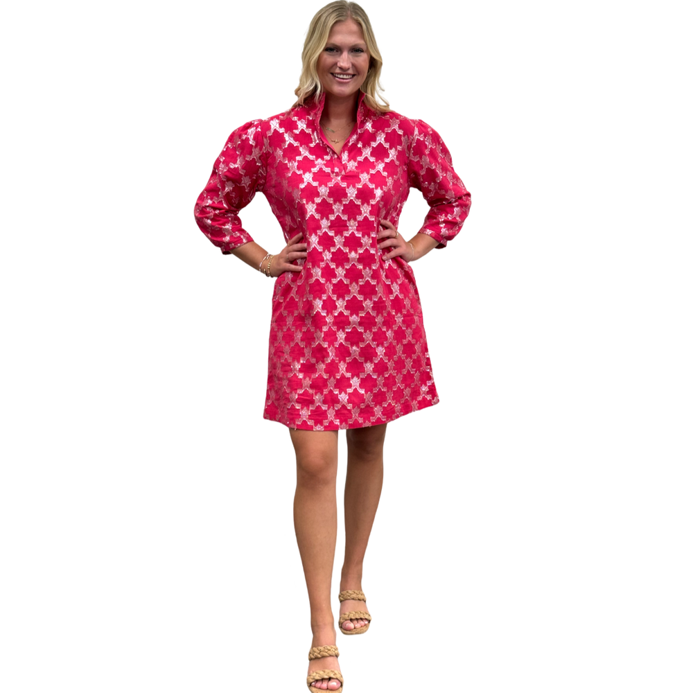 The Shipley Stand-Up Collar Dress in Hot Pink and Silver — view 2