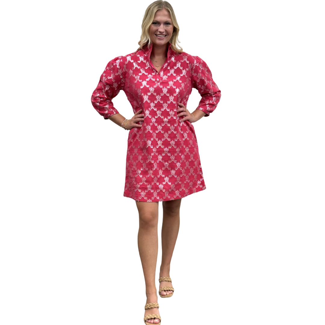 The Shipley Stand-Up Collar Dress in Hot Pink and Silver — view 2