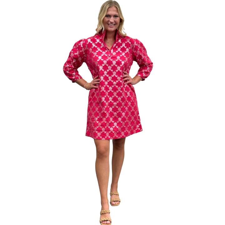 The Shipley Stand-Up Collar Dress in Hot Pink and Silver — view 2