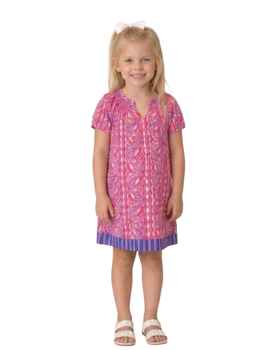 The Michelle Girl's Smocked Neck Dress in Pink Multi Print Cotton