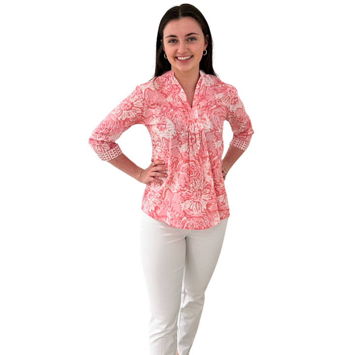 The Eloise Cotton Block Print Top in Pink Petunia Floral — view 2
