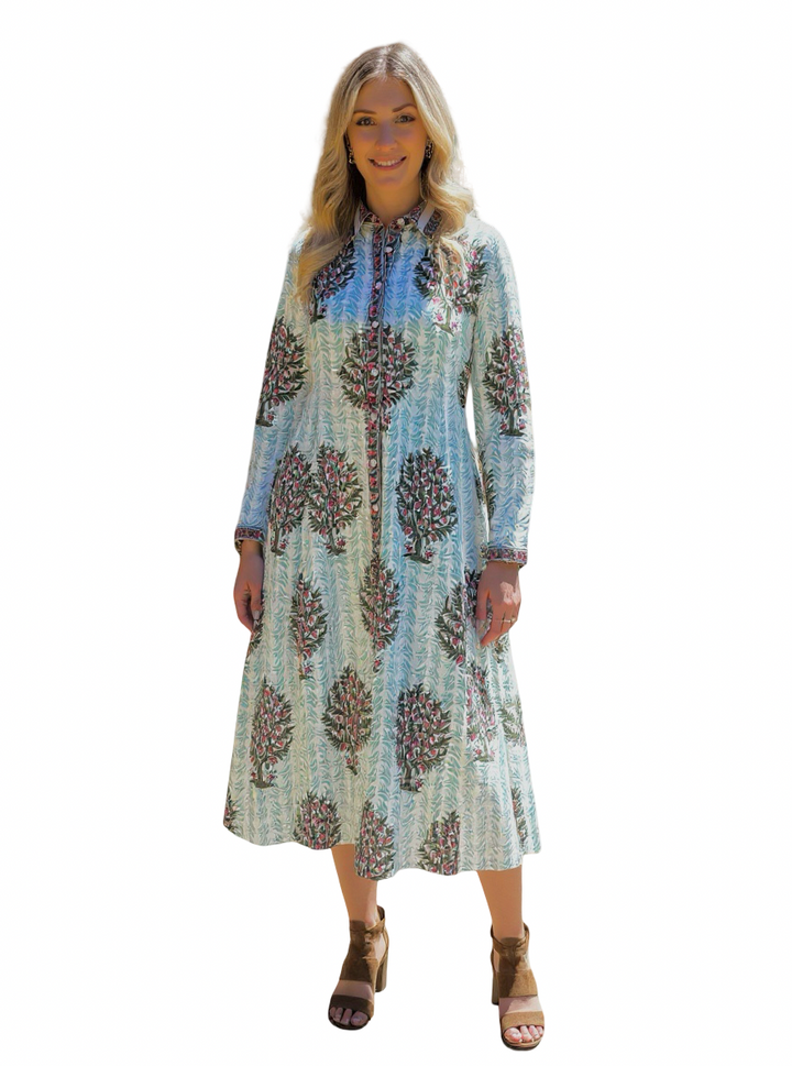 The Marion Hand Block Printed Dress in Aqua Floral — view 3