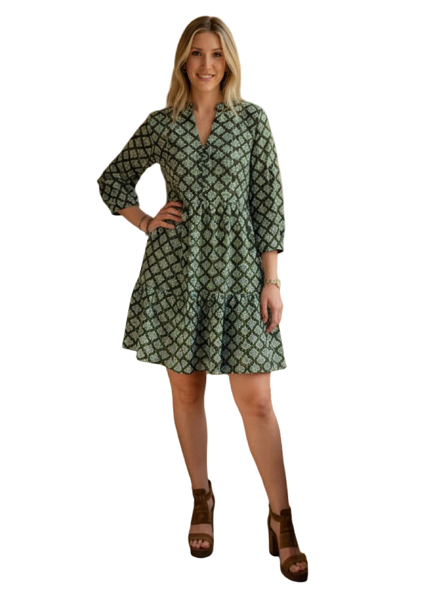 The Preston 3/4 Sleeve Dress in Green Grey Silver Lurex