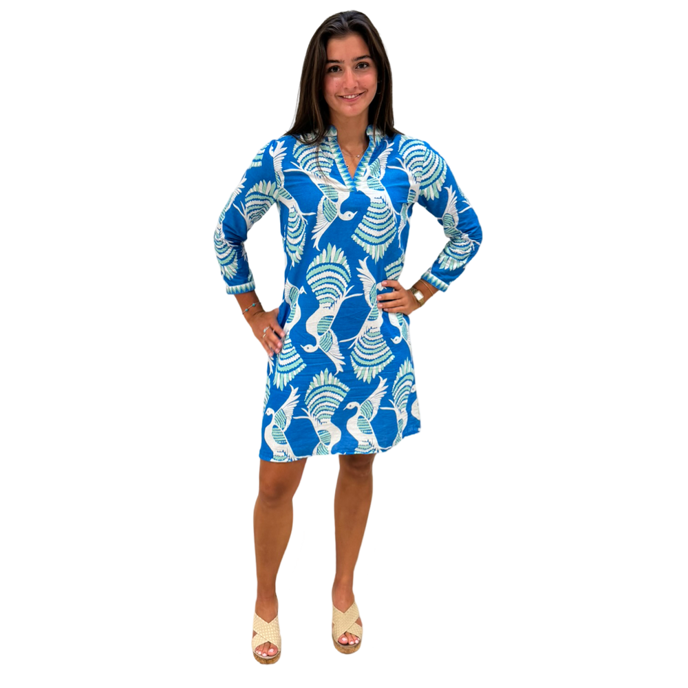 The Brie Embroidered Trim Cotton Dress in Blue Green Bird Print — view 2
