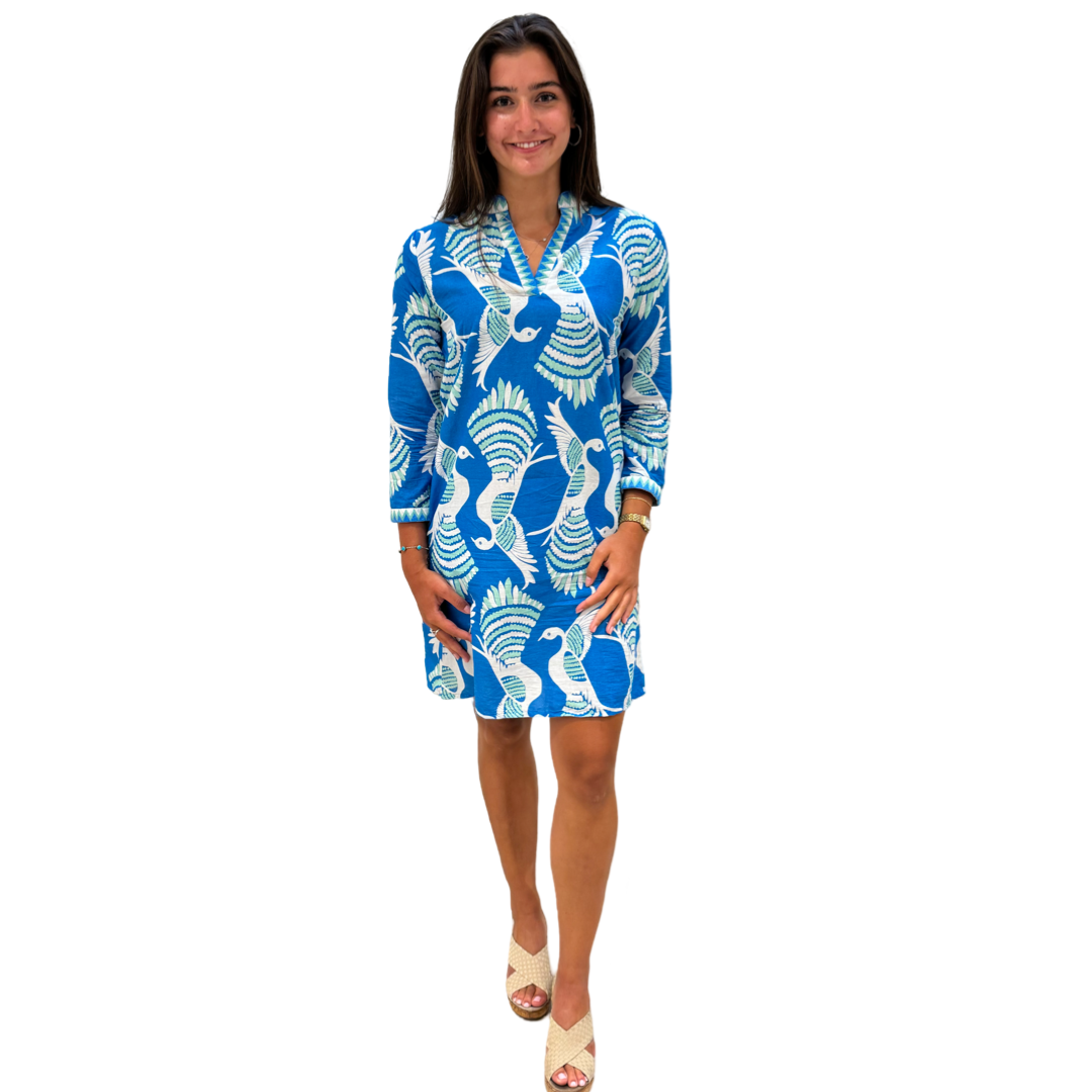 The Brie Embroidered Trim Cotton Dress in Blue Green Bird Print