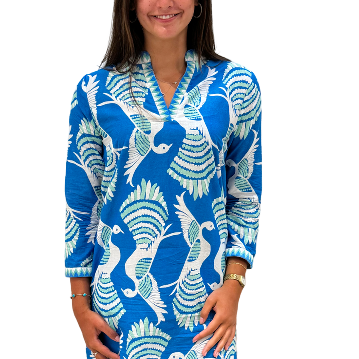 The Brie Embroidered Trim Cotton Dress in Blue Green Bird Print — view 5