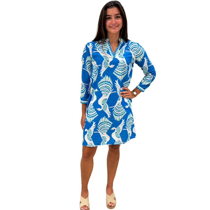 The Brie Embroidered Trim Cotton Dress in Blue Green Bird Print — view 3