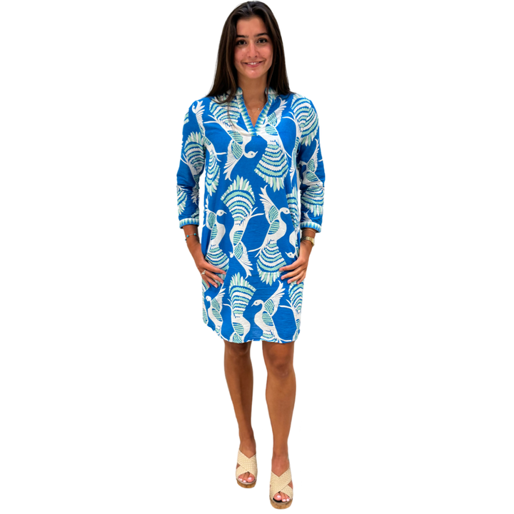 The Brie Embroidered Trim Cotton Dress in Blue Green Bird Print — view 4