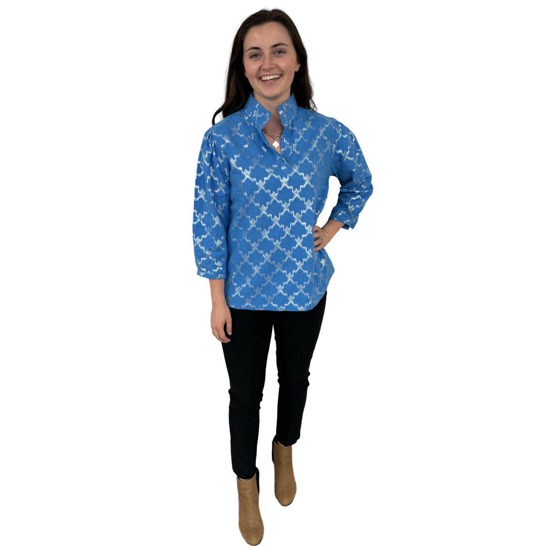 The Shipley Stand-Up Collar Top in Brilliant Blue and Silver