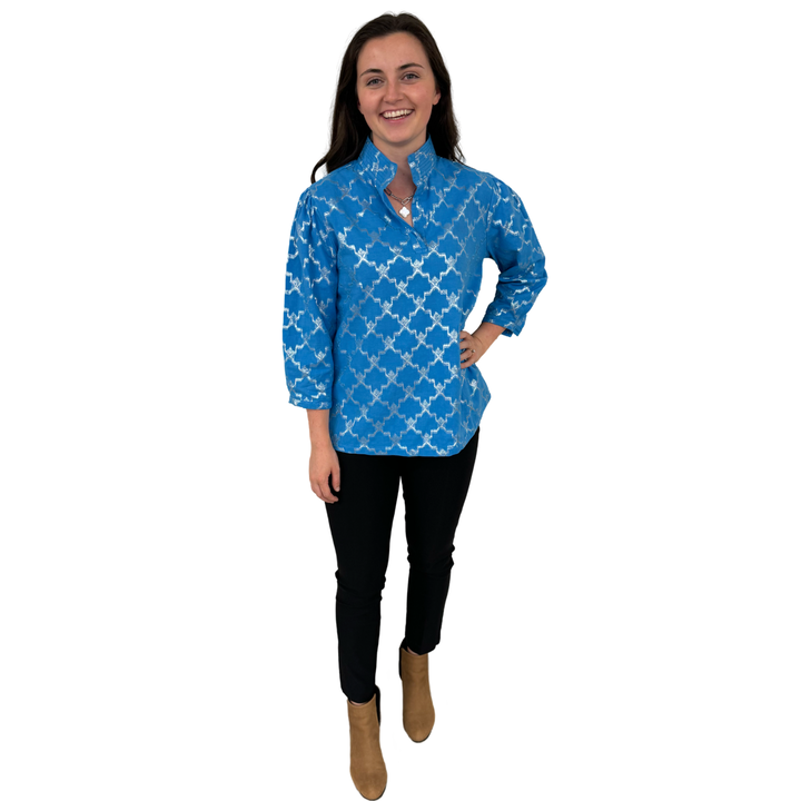 The Shipley Stand-Up Collar Top in Brilliant Blue and Silver