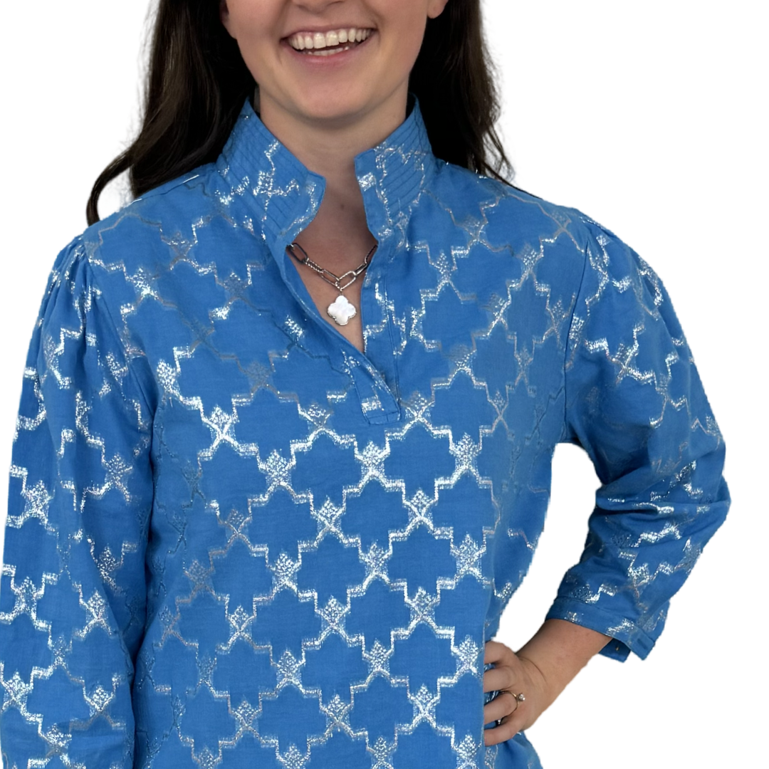 The Shipley Stand-Up Collar Top in Brilliant Blue and Silver — view 4