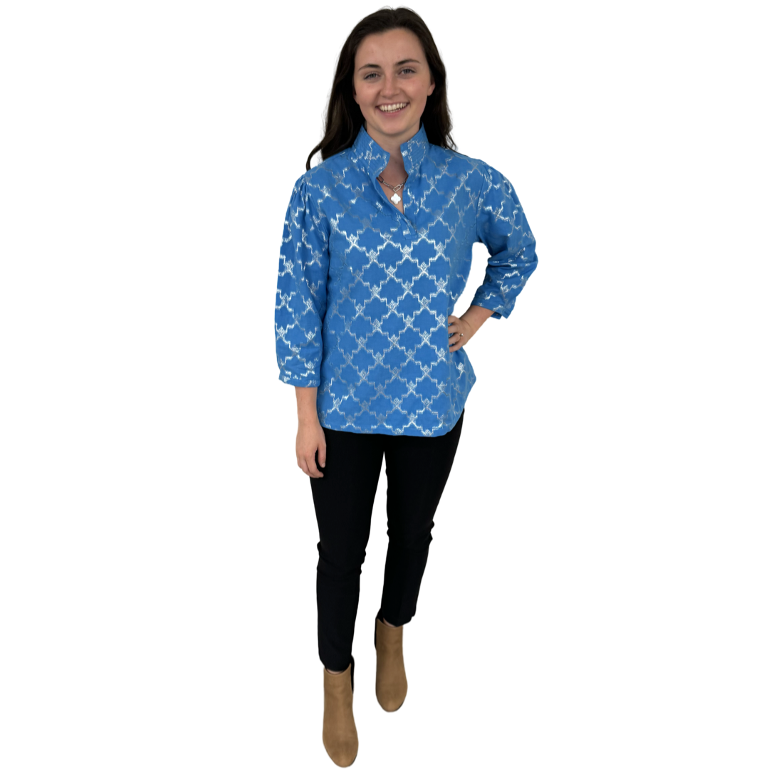 The Shipley Stand-Up Collar Top in Brilliant Blue and Silver — view 3