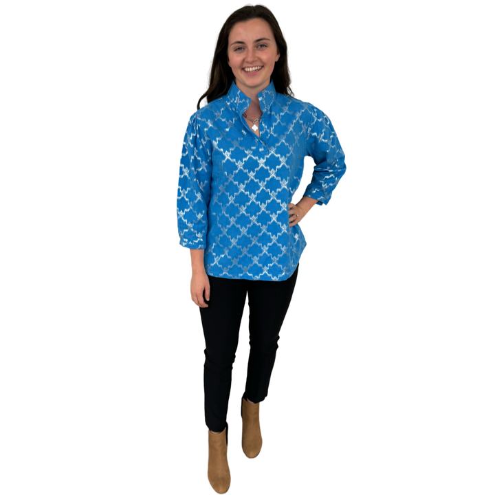 The Shipley Stand-Up Collar Top in Brilliant Blue and Silver — view 3