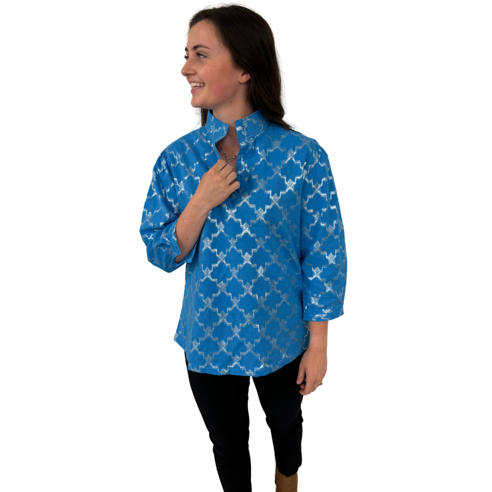 The Shipley Stand-Up Collar Top in Brilliant Blue and Silver — view 2