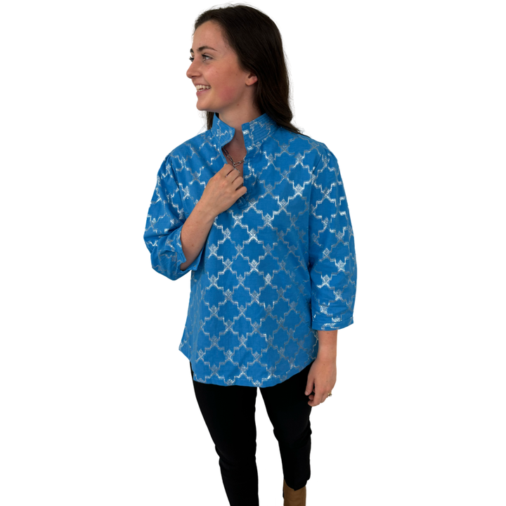 The Shipley Stand-Up Collar Top in Brilliant Blue and Silver — view 2