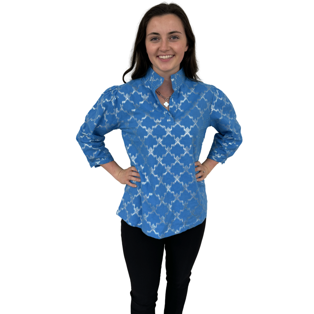 The Shipley Stand-Up Collar Top in Brilliant Blue and Silver — view 5