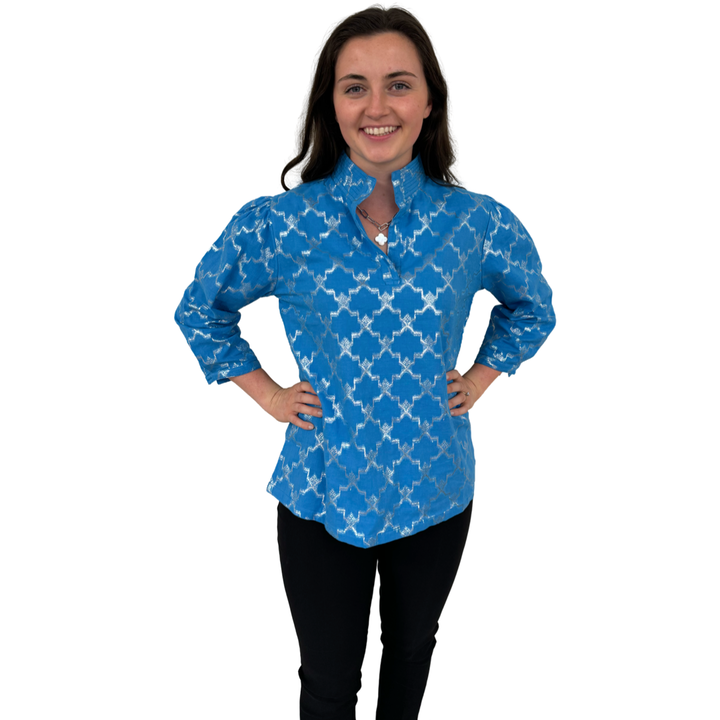 The Shipley Stand-Up Collar Top in Brilliant Blue and Silver — view 5