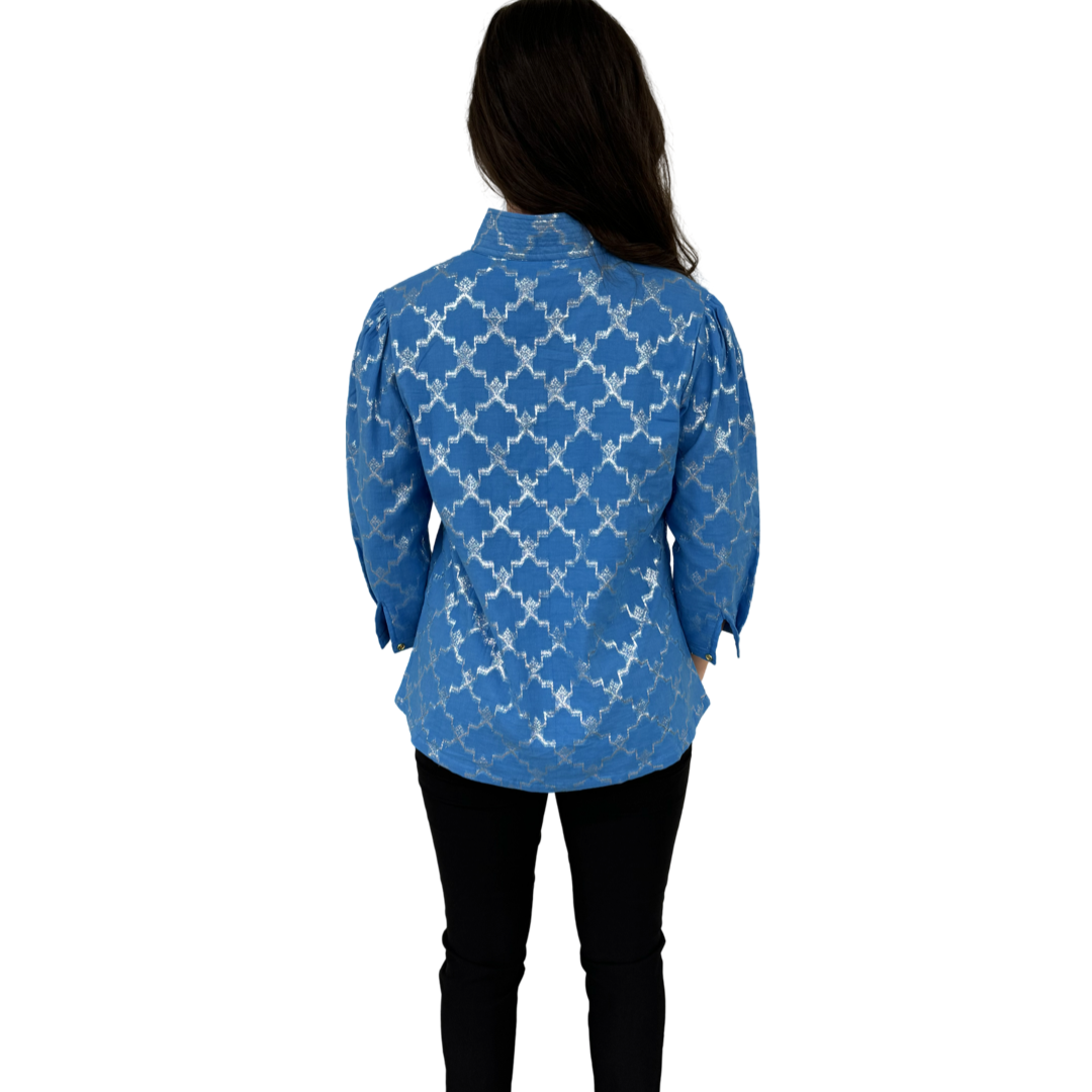 The Shipley Stand-Up Collar Top in Brilliant Blue and Silver — view 6