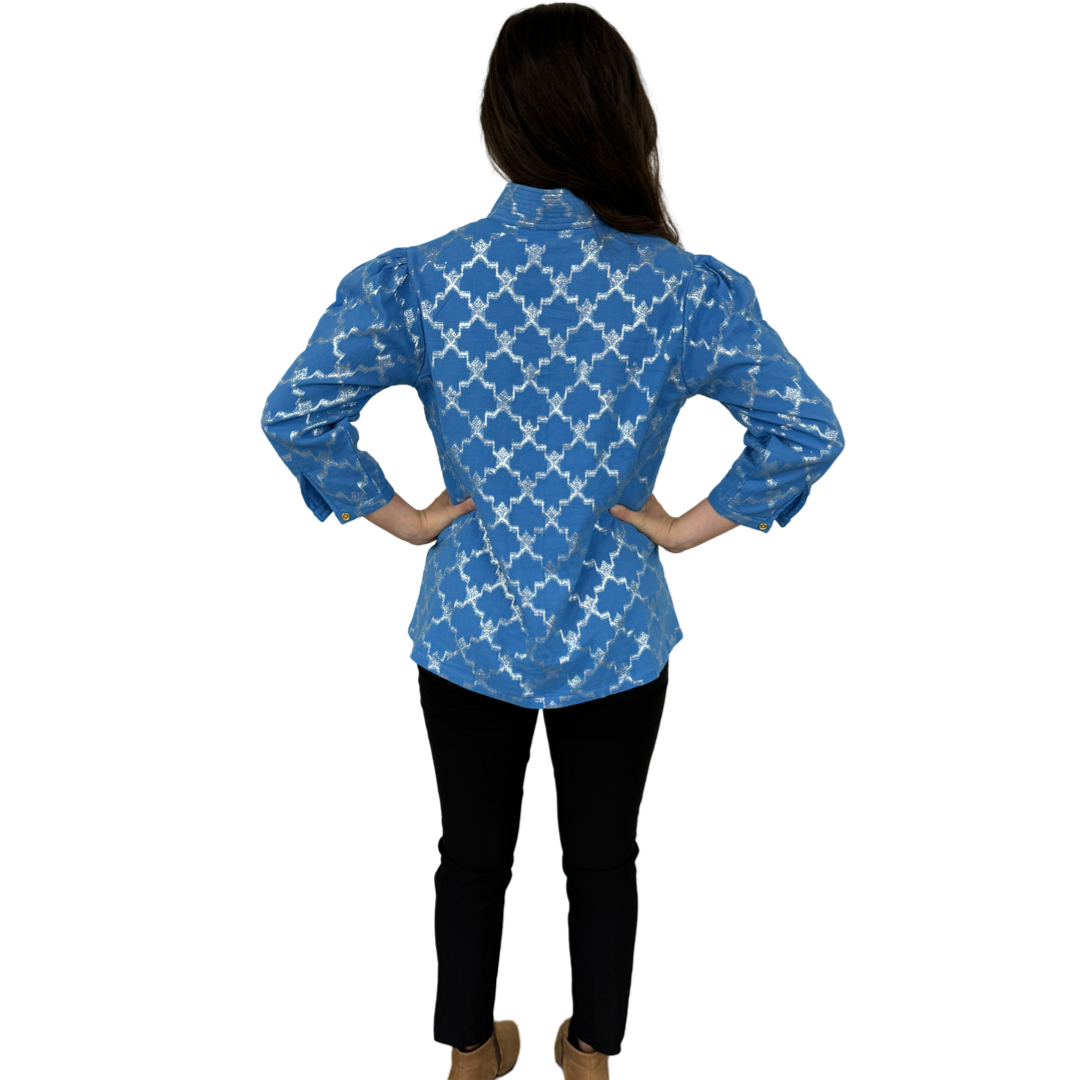 The Shipley Stand-Up Collar Top in Brilliant Blue and Silver — view 7