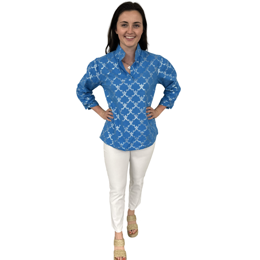The Shipley Stand-Up Collar Top in Brilliant Blue and Silver — view 9