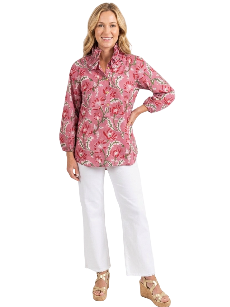 The Maria Ruffle Neck Blouse in Pink Rose Hand Block Printed Floral