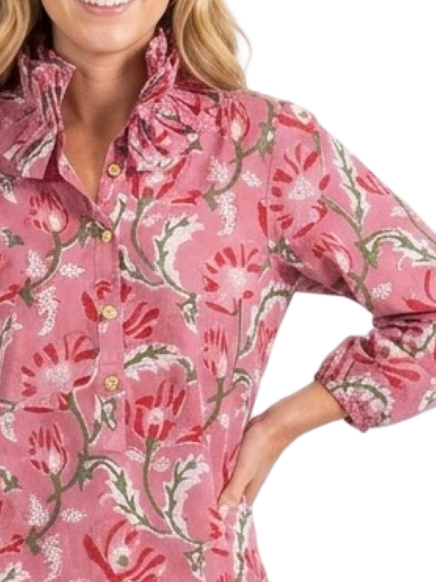 The Maria Ruffle Neck Blouse in Pink Rose Hand Block Printed Floral — view 2