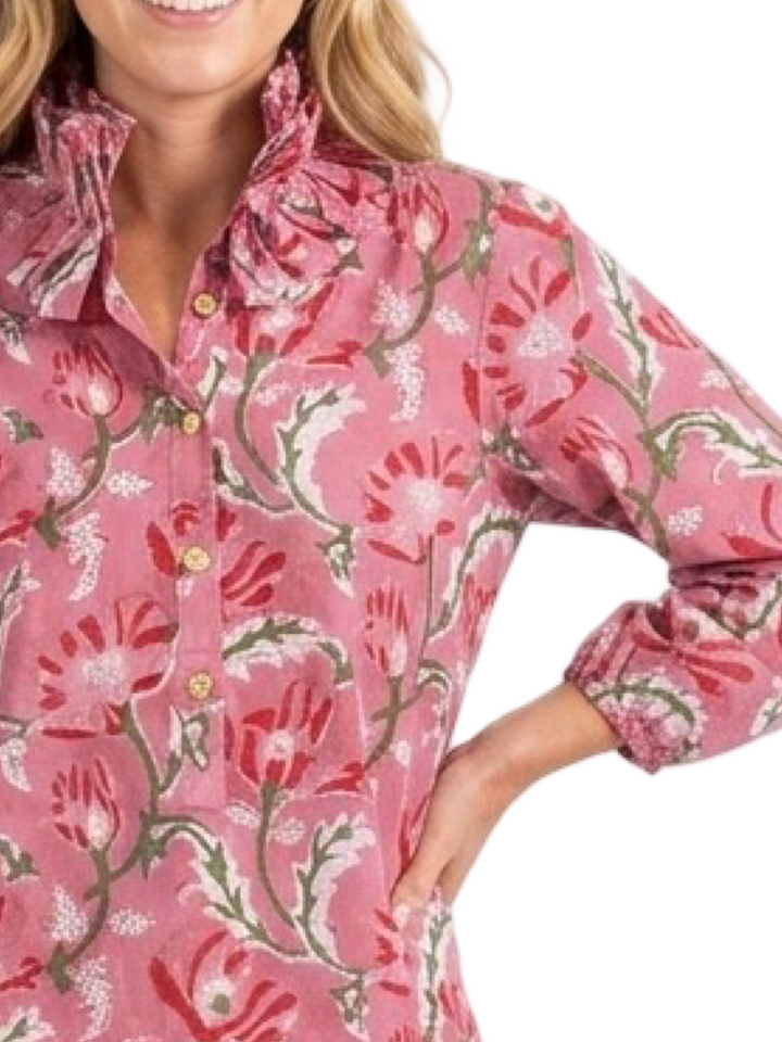 The Maria Ruffle Neck Blouse in Pink Rose Hand Block Printed Floral — view 2