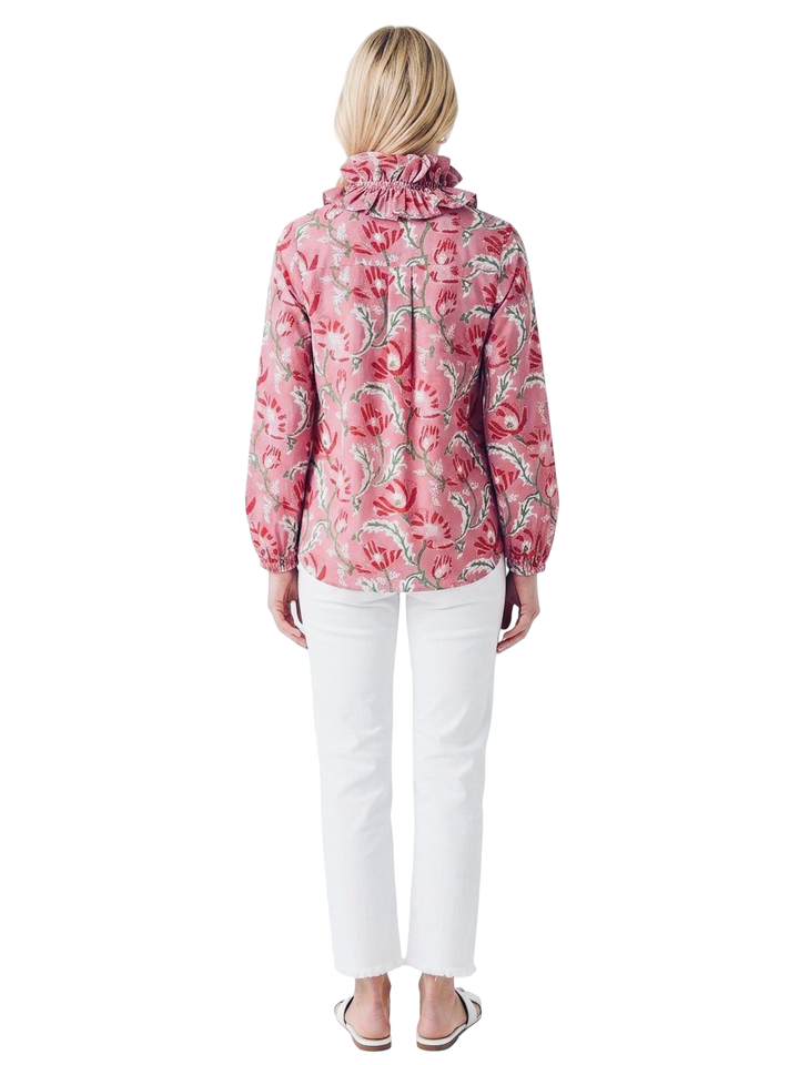 The Maria Ruffle Neck Blouse in Pink Rose Hand Block Printed Floral — view 4