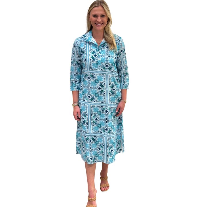 The Lisette Aqua Tile Print  Cotton Dress — view 3