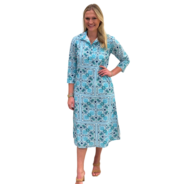 The Lisette Aqua Tile Print  Cotton Dress