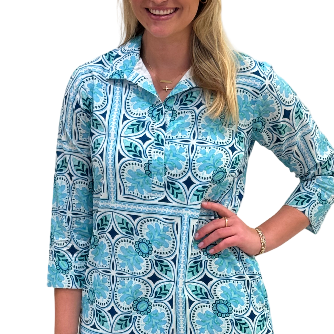 The Lisette Aqua Tile Print  Cotton Dress — view 5